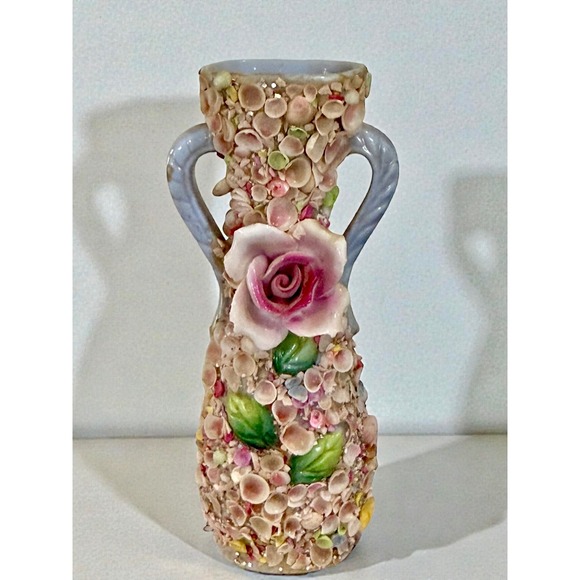 Other - Vintage Porcelain Vase Elaborate Shell Flower Applique Romantic French Country